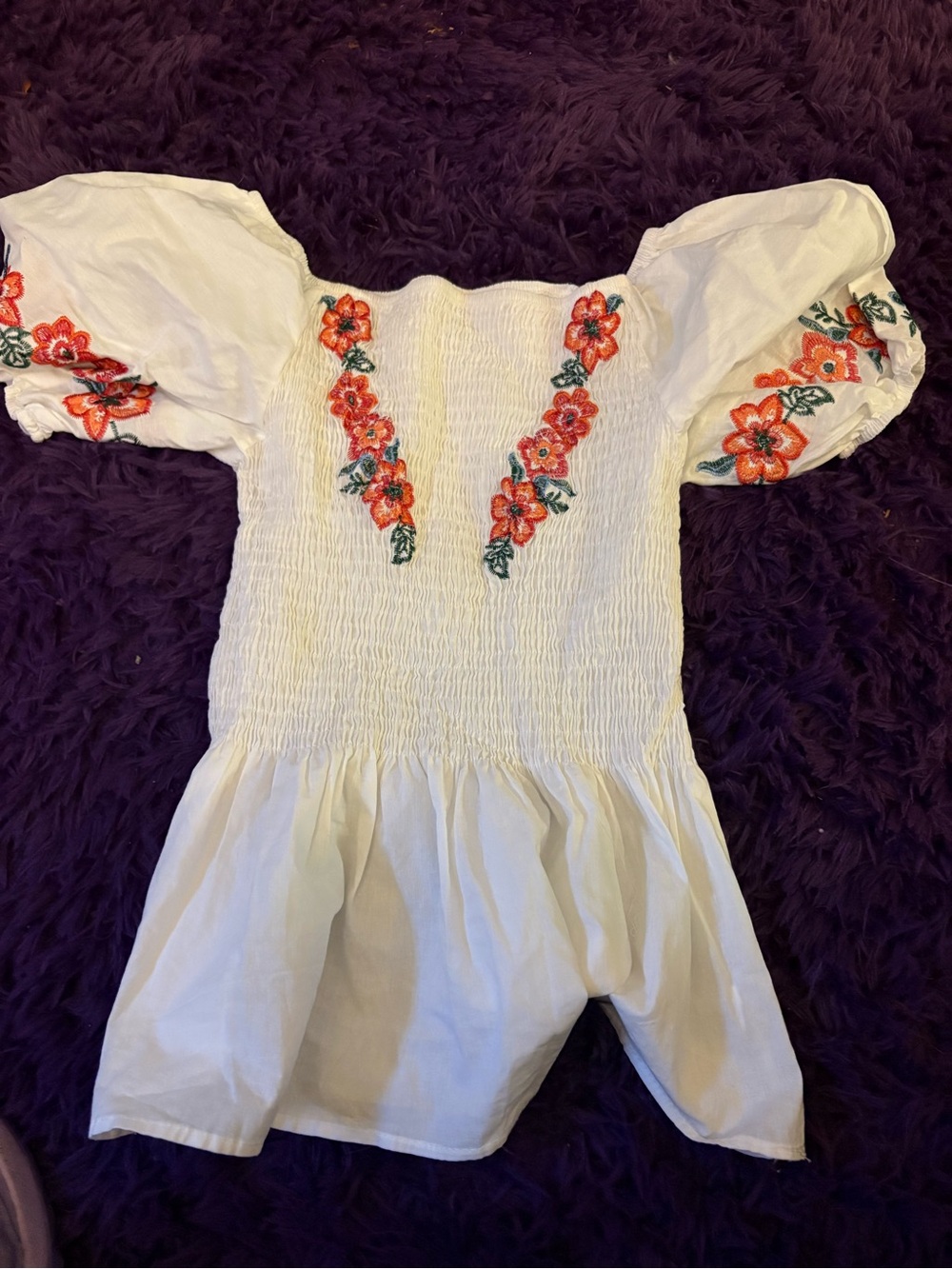 White Embroidered Peasant Blouse with Orange Floral Detail